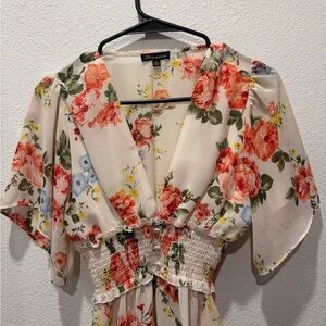 Shinestar Cream Floral V-Neck Maxi Dress with Coral & Yellow Blooms